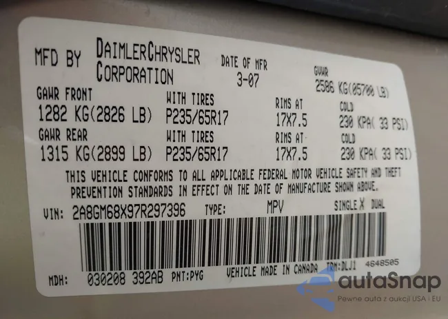 2A8GM68X97R297396: 43099030