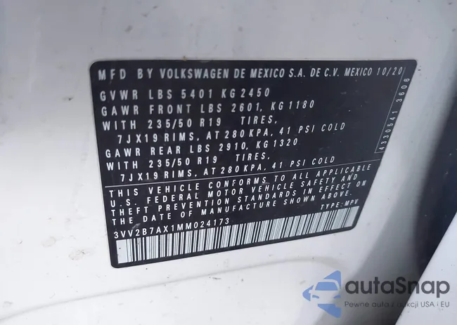 3VV2B7AX1MM024173: 43101341