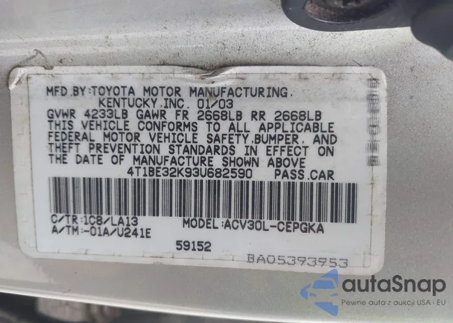 4T1BE32K93U682590: 43101690