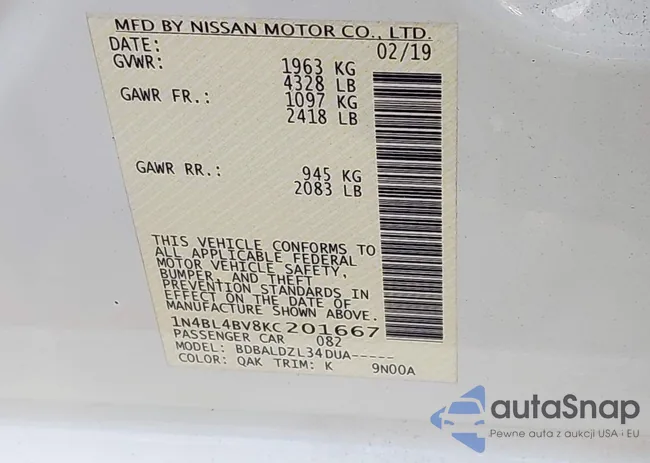 1N4BL4BV8KC201667: 43102367