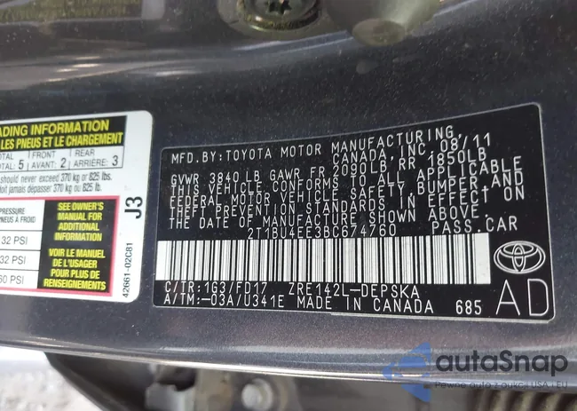 2T1BU4EE3BC674760: 43102470