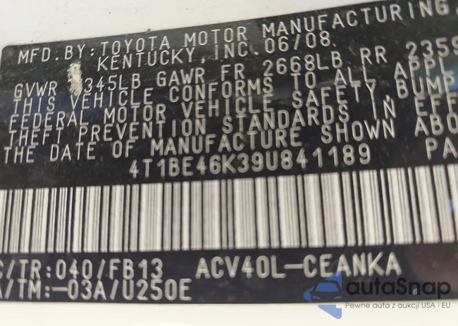 4T1BE46K39U841189: 43102613