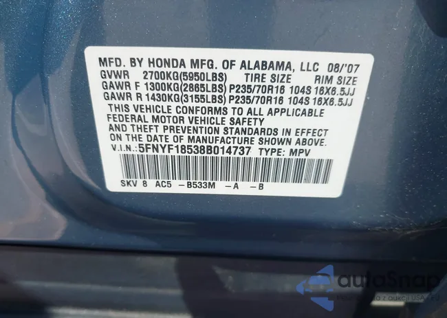 5FNYF18538B014737: 43101995