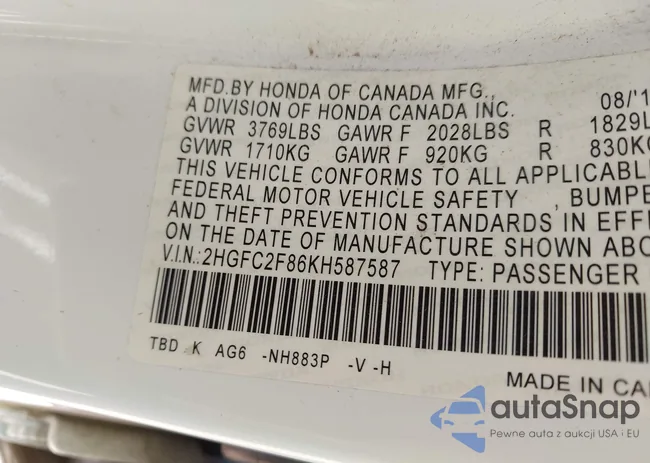 2HGFC2F86KH587587: 43102009