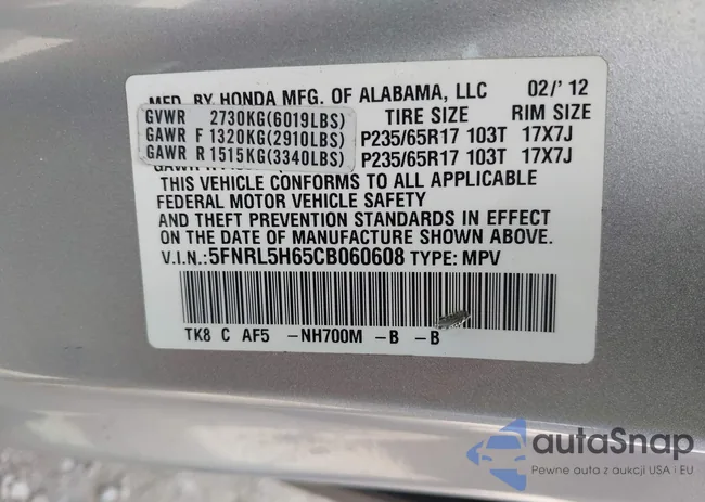 5FNRL5H65CB060608: 43103364