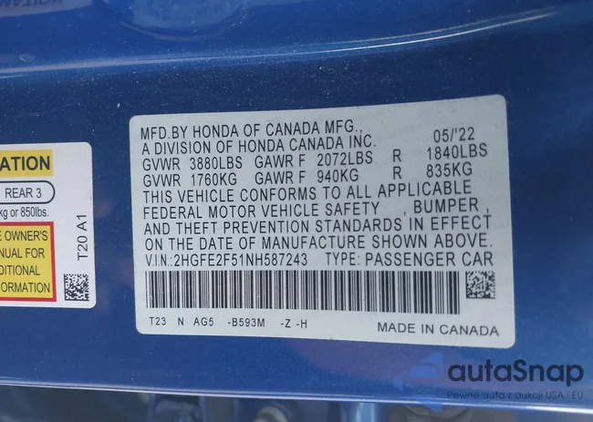 2HGFE2F51NH587243: 43103608