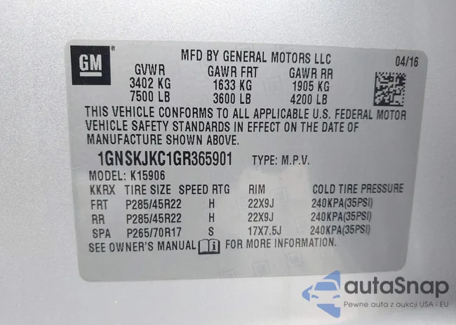 1GNSKJKC1GR365901: 43102918