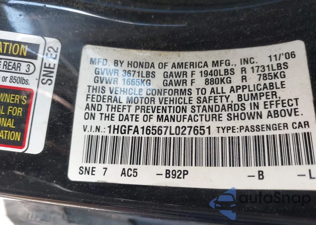 1HGFA16567L027651: 43104691