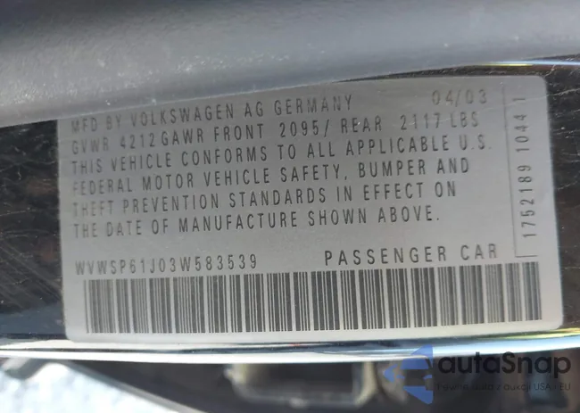 WVWSP61J03W583539: 43103938