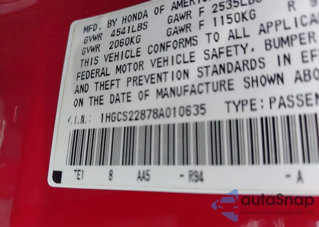 1HGCS22878A010635: 43105286