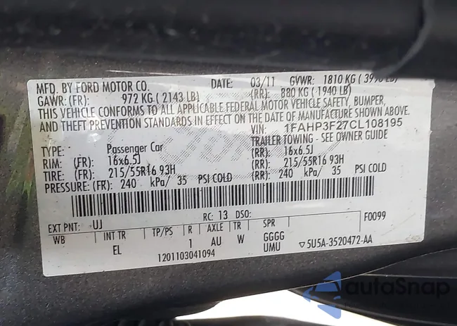 1FAHP3F27CL108195: 43105677