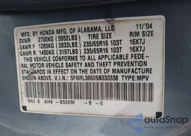 5FNRL38605B033338: 43106687