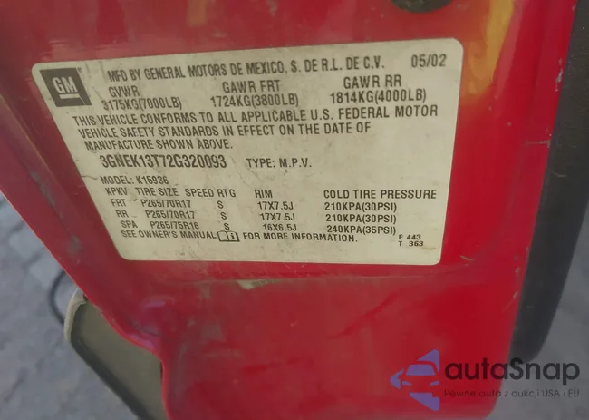 3GNEK13T72G320093: 43106692