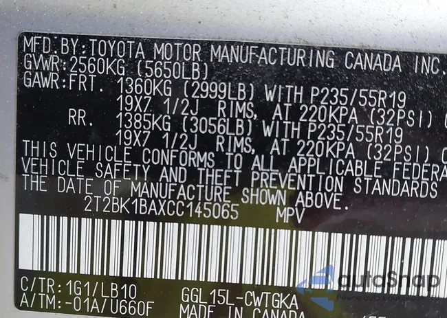 2T2BK1BAXCC145065: 43105734