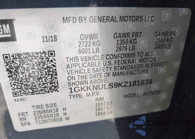 1GKKNULS9KZ181634: 43107164