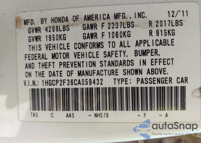 1HGCP2F36CA059432: 43107216