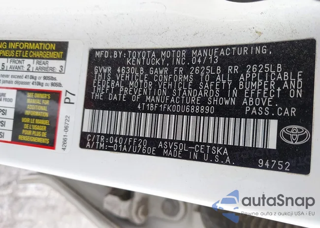 4T1BF1FK0DU688890: 43107642