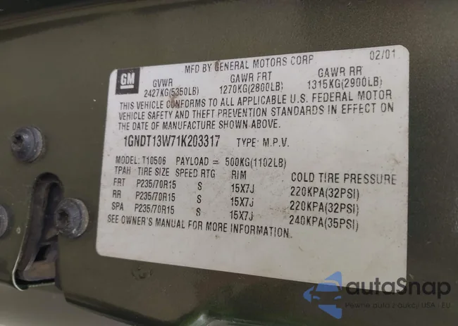 1GNDT13W71K203317: 43106888