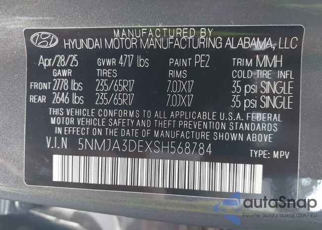 5NMJA3DEXSH568784: 43107060