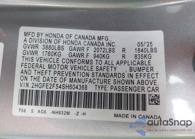 2HGFE2F54SH604368: 43108350