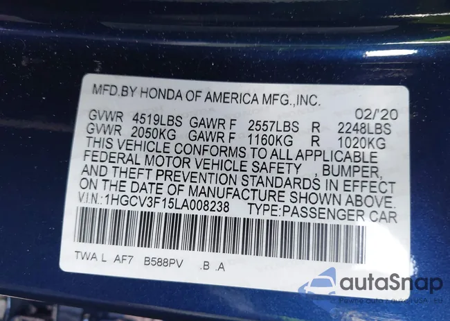 1HGCV3F15LA008238: 43108026