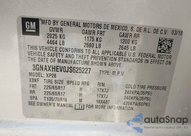 3GNAXHEV0JS625227: 43109292