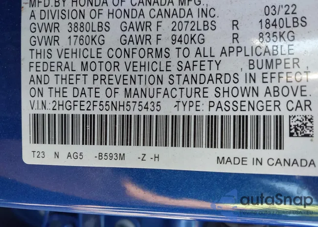 2HGFE2F55NH575435: 43109456