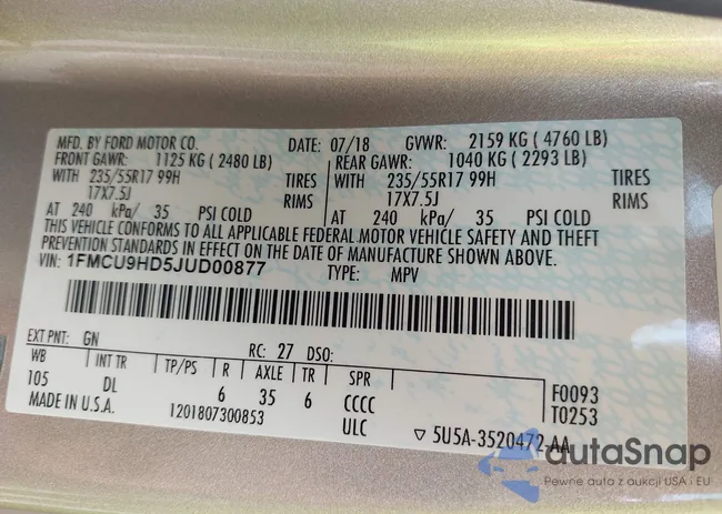 1FMCU9HD5JUD00877: 43109494