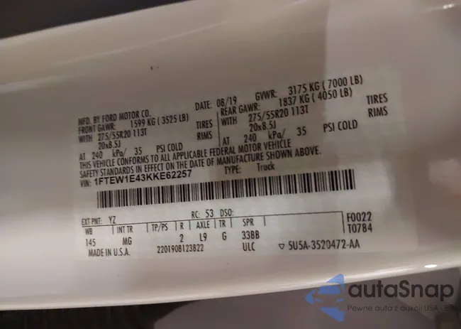 1FTEW1E43KKE62257: 43108918