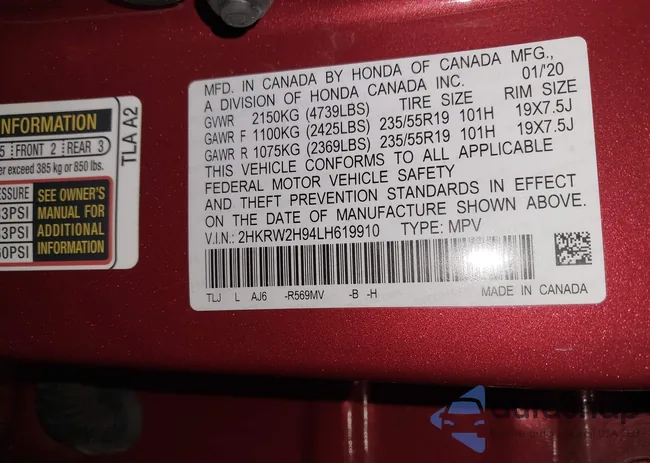 2HKRW2H94LH619910: 43110125