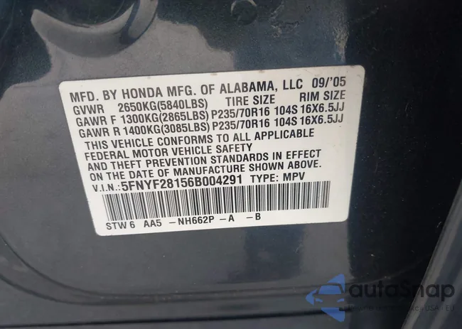 5FNYF28156B004291: 43109933