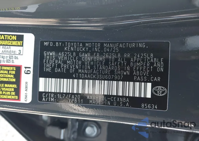 4T1DAACK3SU607907: 43111497