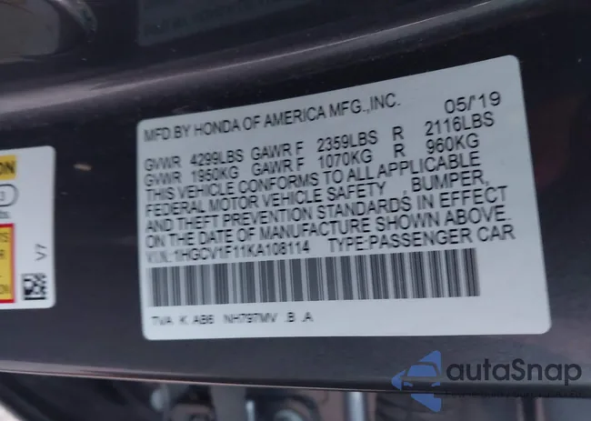 1HGCV1F11KA108114: 43111634