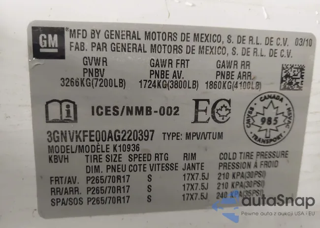 3GNVKFE00AG220397: 43110763