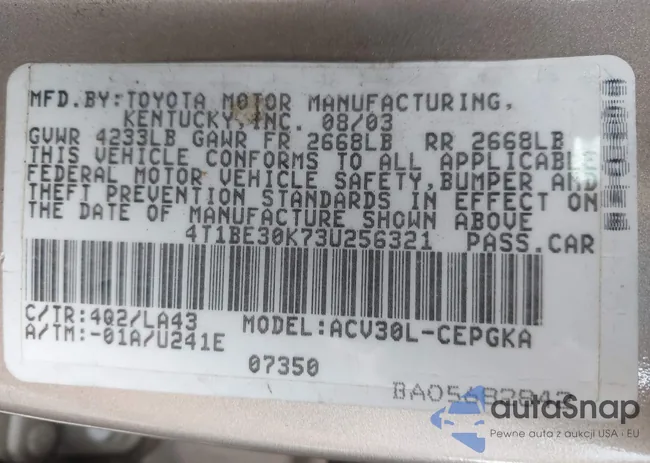 4T1BE30K73U256321: 43112376