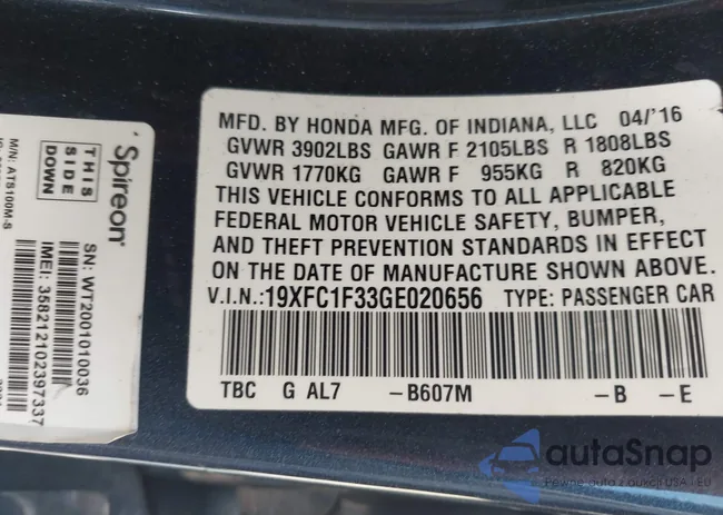 19XFC1F33GE020656: 43112534