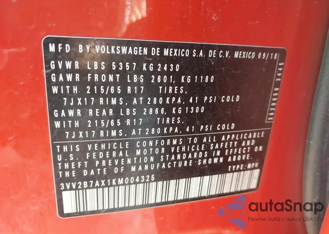 3VV2B7AX1KM004325: 43113251