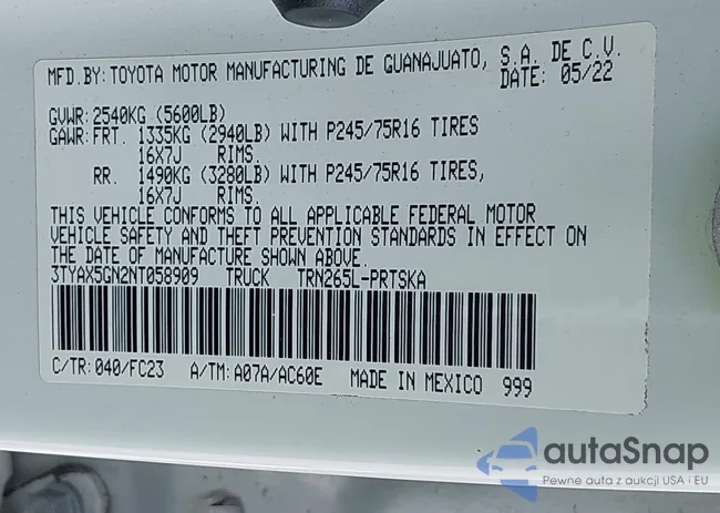 3TYAX5GN2NT058909: 43113345
