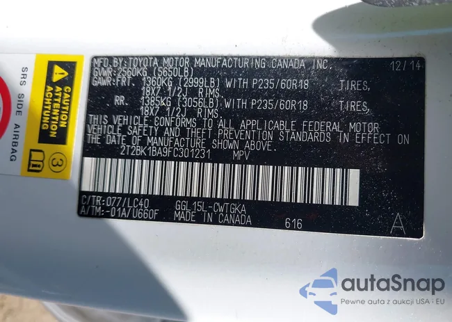 2T2BK1BA9FC301231: 43113496