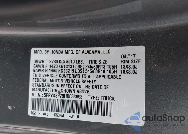 5FPYK3F78HB033853: 43113503