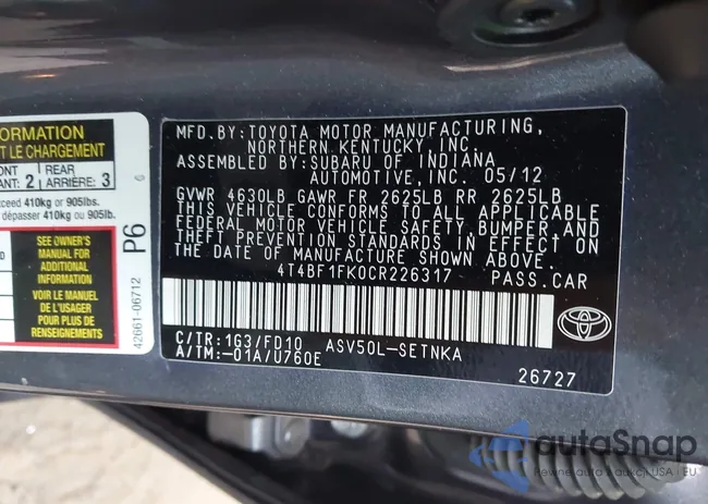 4T4BF1FK0CR226317: 43113079