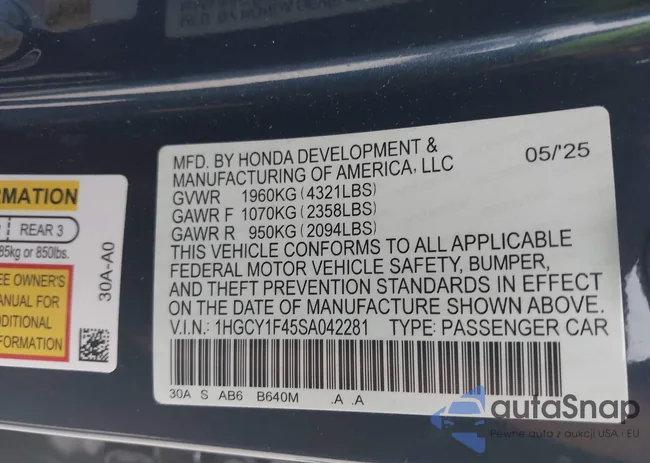 1HGCY1F45SA042281: 43114372