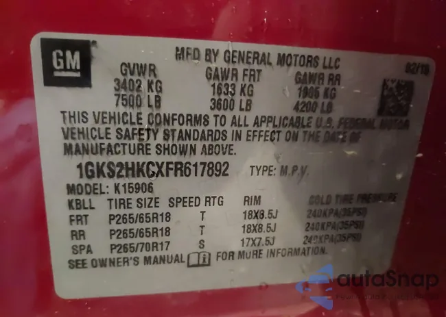 1GKS2HKCXFR617892: 43114075