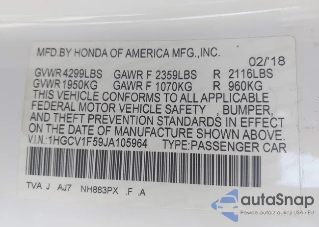 1HGCV1F59JA105964: 43115408