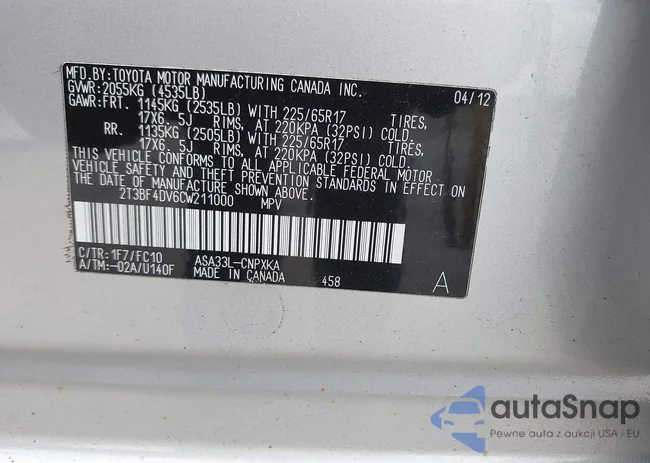 2T3BF4DV6CW211000: 43114989