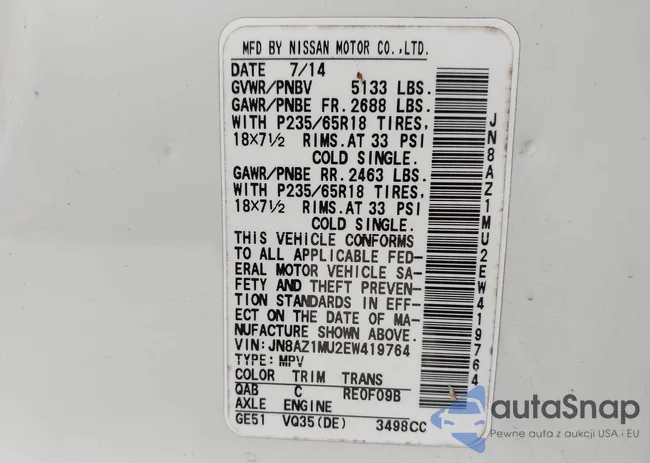 JN8AZ1MU2EW419764: 43116423