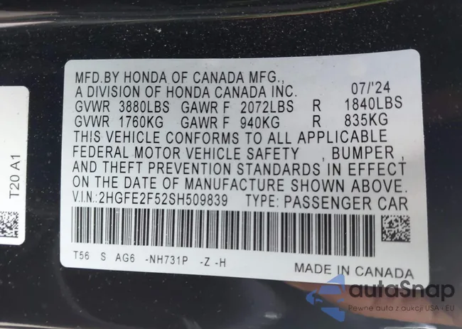 2HGFE2F52SH509839: 43116654