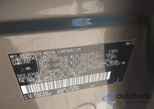 JTMRFREV8DD028674: 43117114