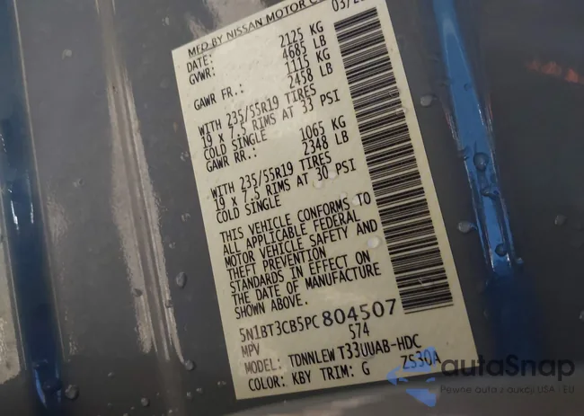 5N1BT3CB5PC804507: 43117340