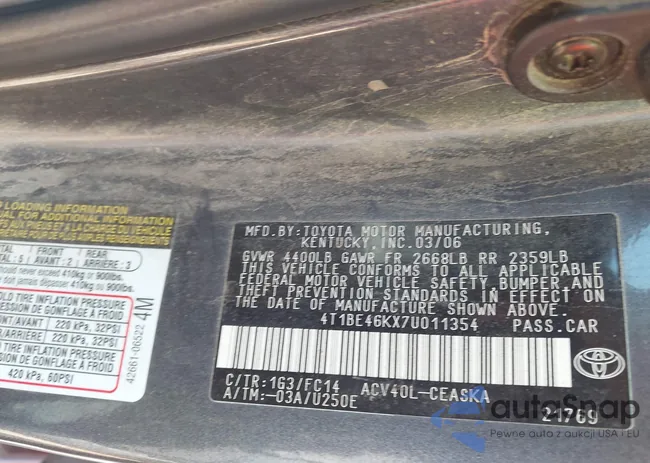 4T1BE46KX7U011354: 43118111